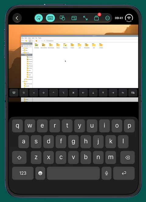 An iPhone Duo folded like a laptop, with a Linux desktop on the top half and Conn's keyboard on the bottom half.
