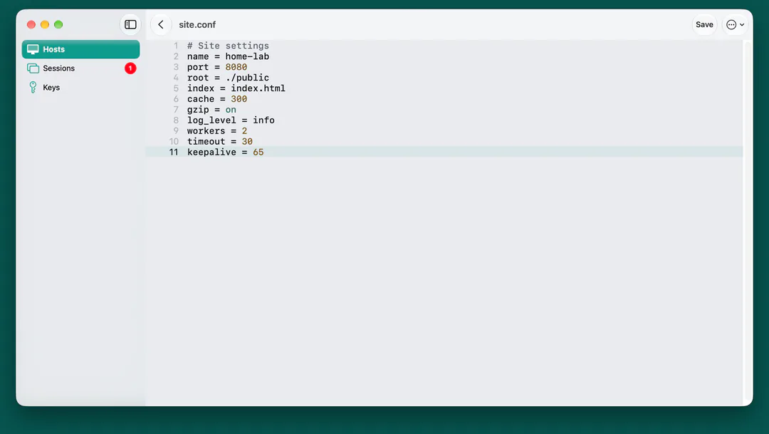 Conn's editor on a Mac with a server's site.conf open, line numbers down the side and a Save button.