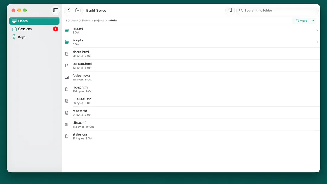 Conn's Files on a Mac listing a server's website folder.