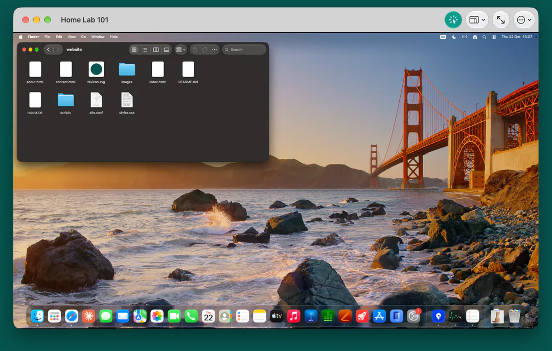 Conn on a Mac showing another Mac's whole desktop: a Finder window over a coastal wallpaper, with the Dock along the bottom.