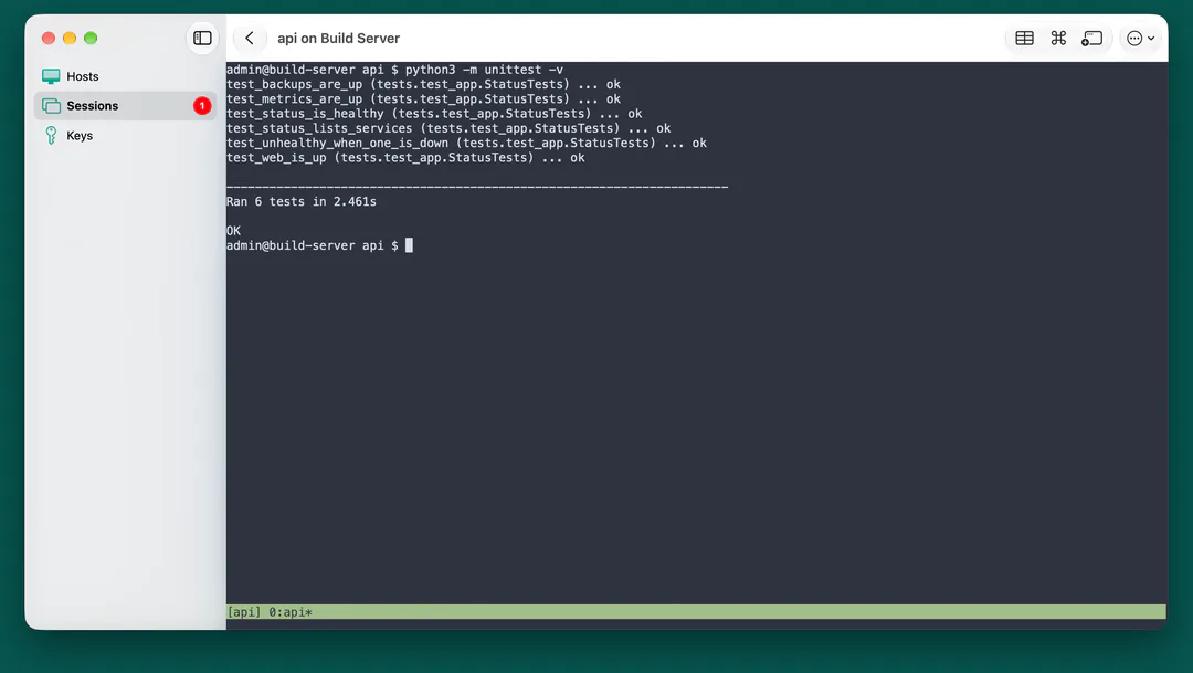 Conn's terminal on a Mac, with Hosts, Sessions and Keys in the sidebar.