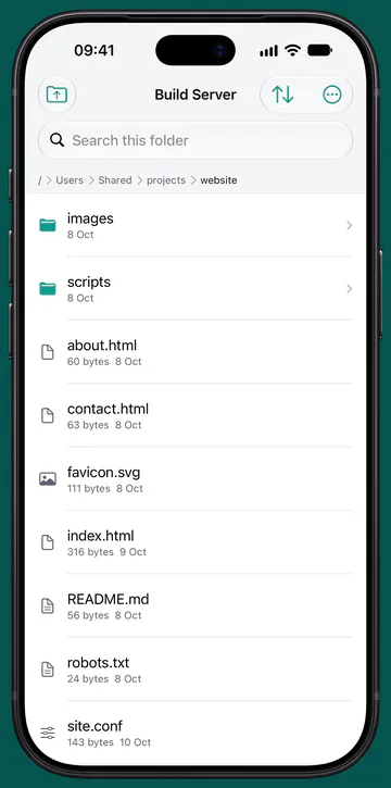 A server's website folder on iPhone, listing folders and files with their sizes and dates.