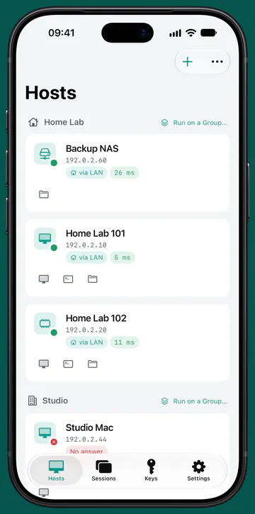 The Hosts tab on iPhone: machines in Home Lab and Studio groups, each tile showing whether it answers.