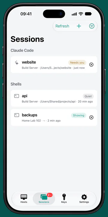 The Sessions tab on iPhone: a session marked Needs you, and two shells marked Quiet and Showing.