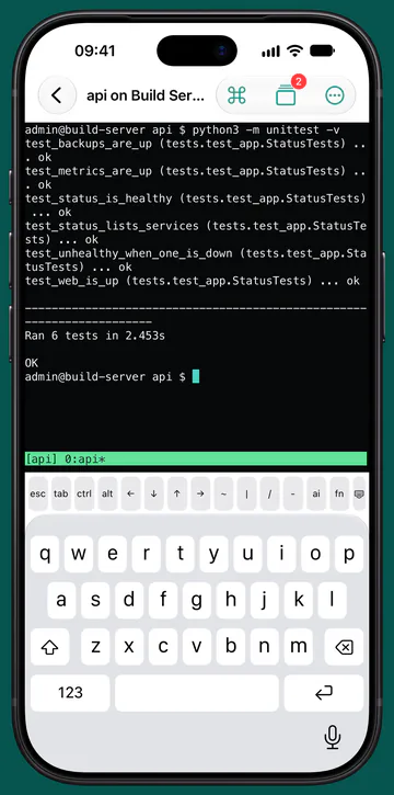 An SSH terminal on iPhone running a test suite, with Conn's key bar above the keyboard.